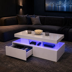 High-gloss white coffee table with open shelf, two storage drawers, RGB LED base lighting
