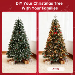 Artificial green Christmas tree with pine cones and red berries, styled for holiday display