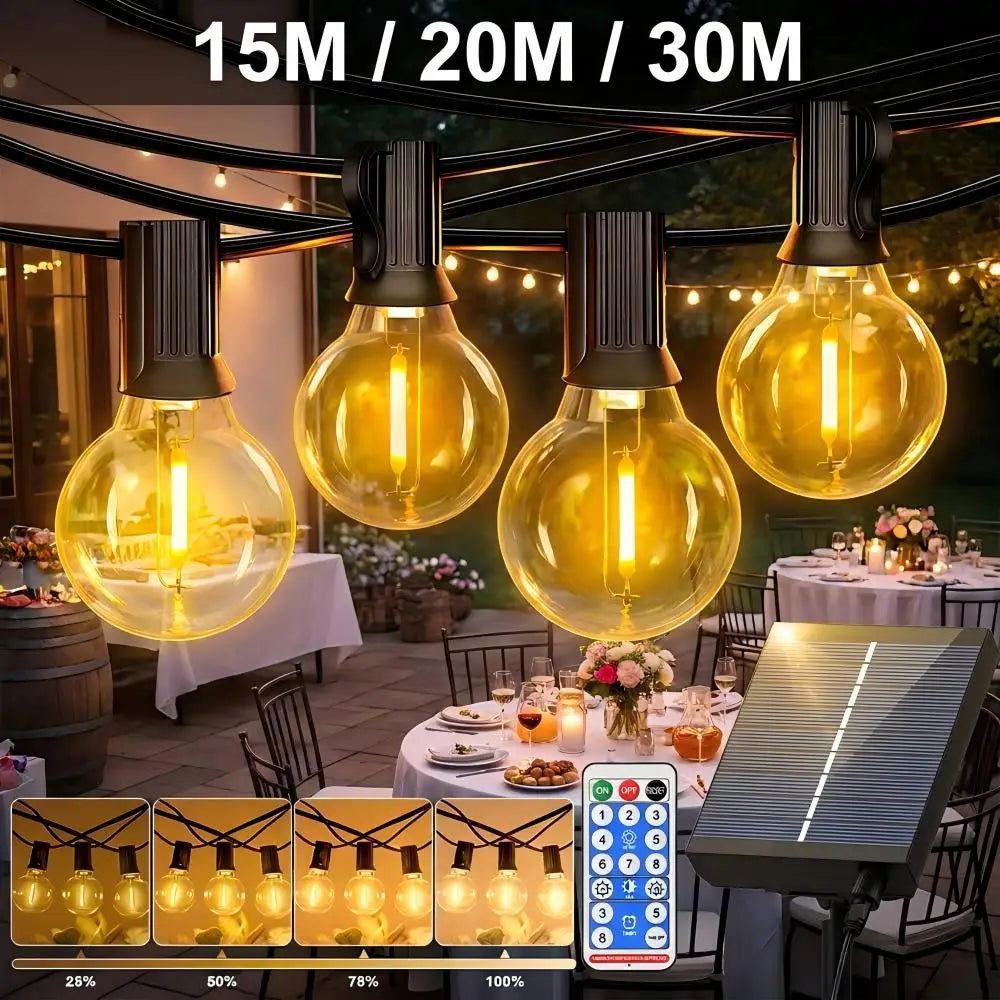 Warm globe LED outdoor solar string lights with solar panel and remote control.