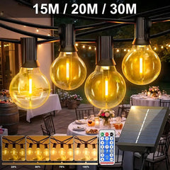 Warm globe LED outdoor solar string lights with solar panel and remote control.
