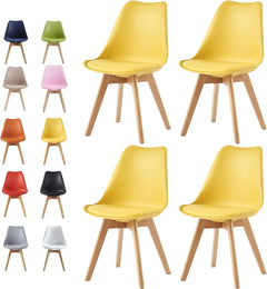 Set of 4 dining chairs with yellow molded seats and natural wood legs