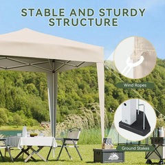 Pop-up gazebo canopy with support poles, wind ropes, and ground stakes