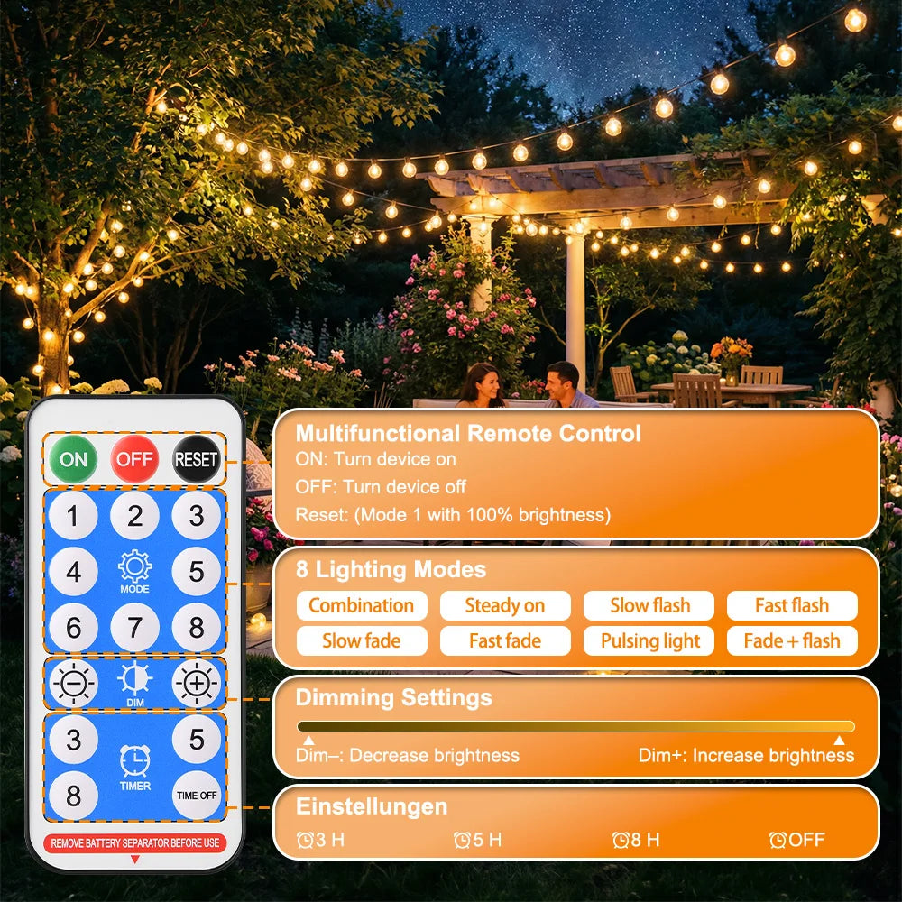 Outdoor globe solar string lights with remote control and dimming settings.