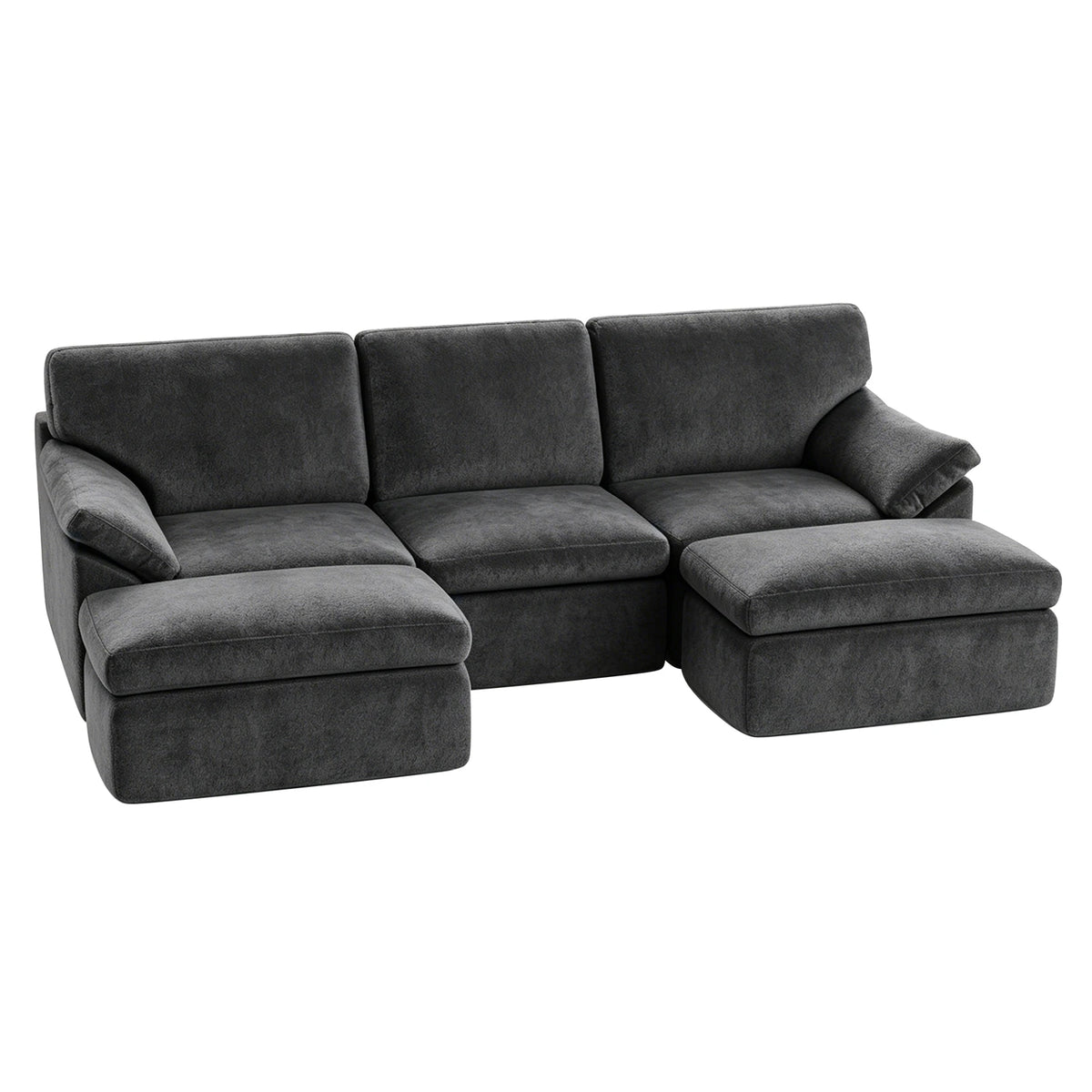 Dark gray convertible sofa bed with chaise extensions and padded armrests