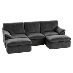 Dark gray convertible sofa bed with chaise extensions and padded armrests