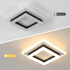 Square LED flush ceiling light with white frame, black inset, turn off indicator