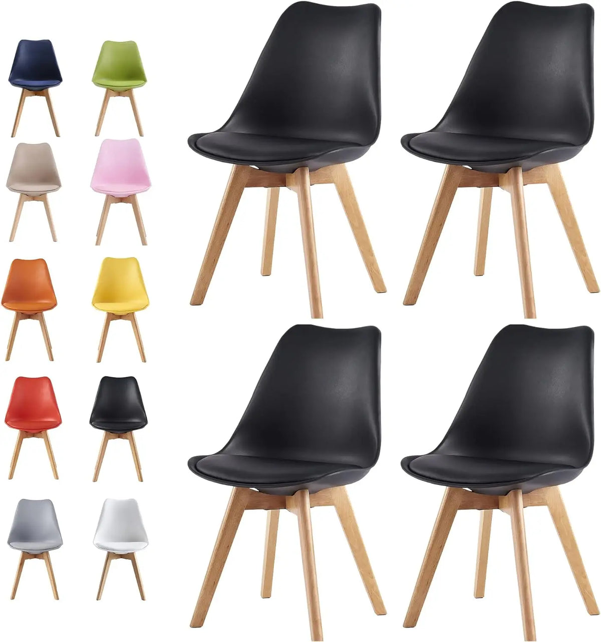 Set of 4 dining chairs with black molded seats and natural wood legs