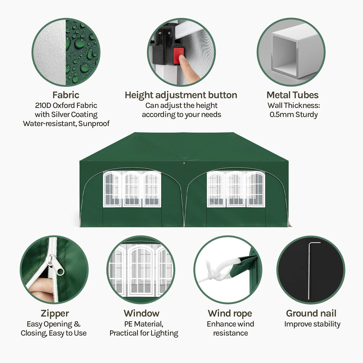 WOLTU folding pavilion gazebo details: green oxford fabric, zipper, windows, ground nails