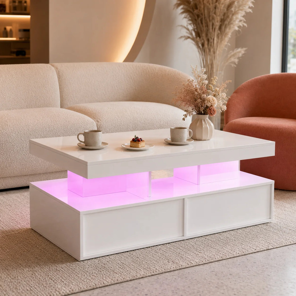 White coffee table with RGB LED light strips and two front storage drawers