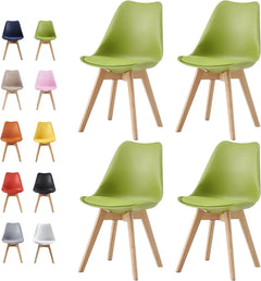 Set of 4 dining chairs with lime green molded seats and natural wood legs