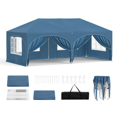 WOLTU folding pavilion gazebo with sidewalls, blue canopy with draped window panels