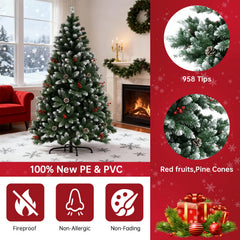 Artificial green Christmas tree with pine cones and red berries, standing on metal base