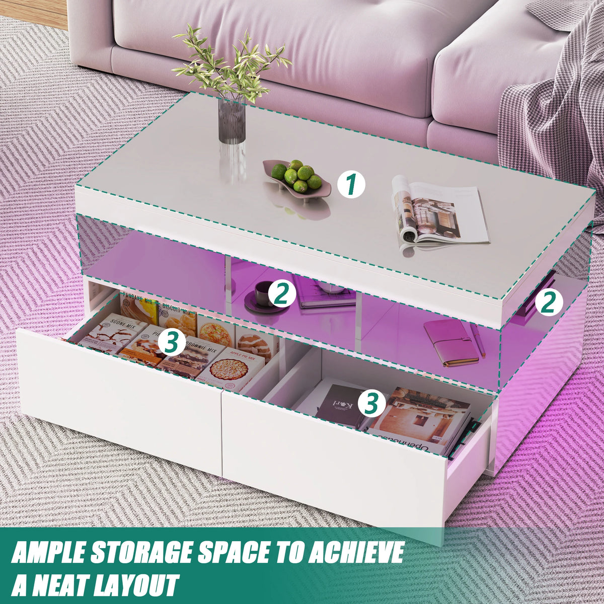White coffee table with two open storage compartments and LED base lighting