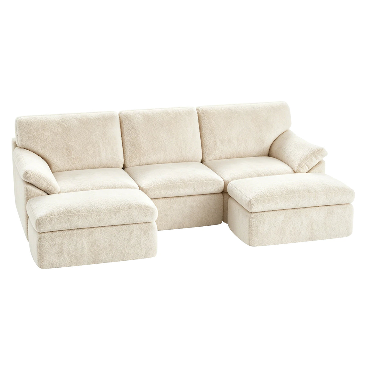 Beige convertible sofa bed with chaise extensions and padded armrests