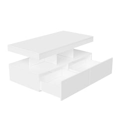 White coffee table angled view with two drawers and open display shelf