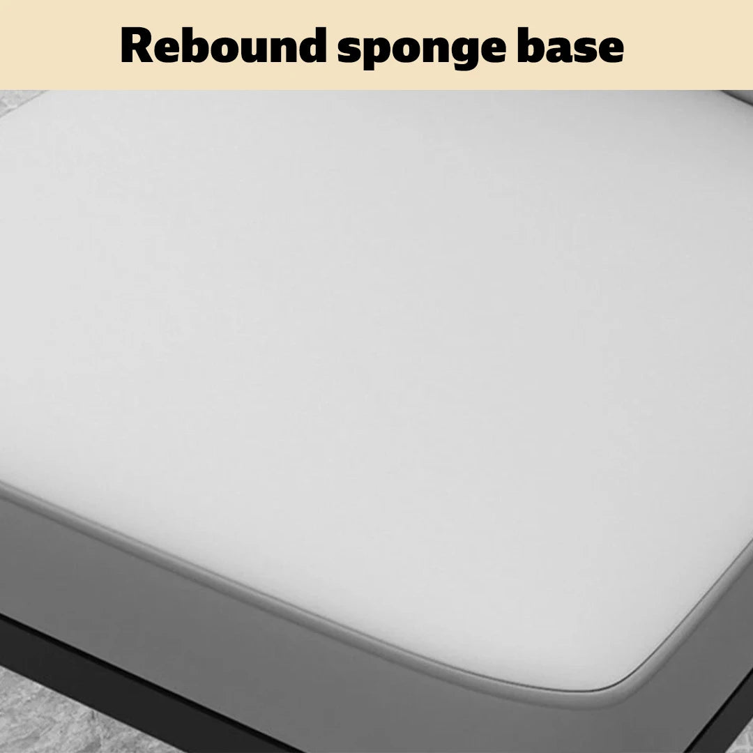 Light gray padded seat cushion edge on black chair frame