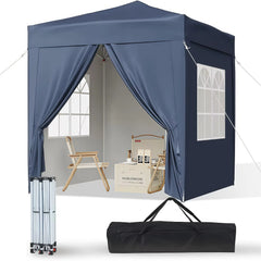 Blue pop-up gazebo tent set with mesh windows, curtains, frame poles, and carry bag