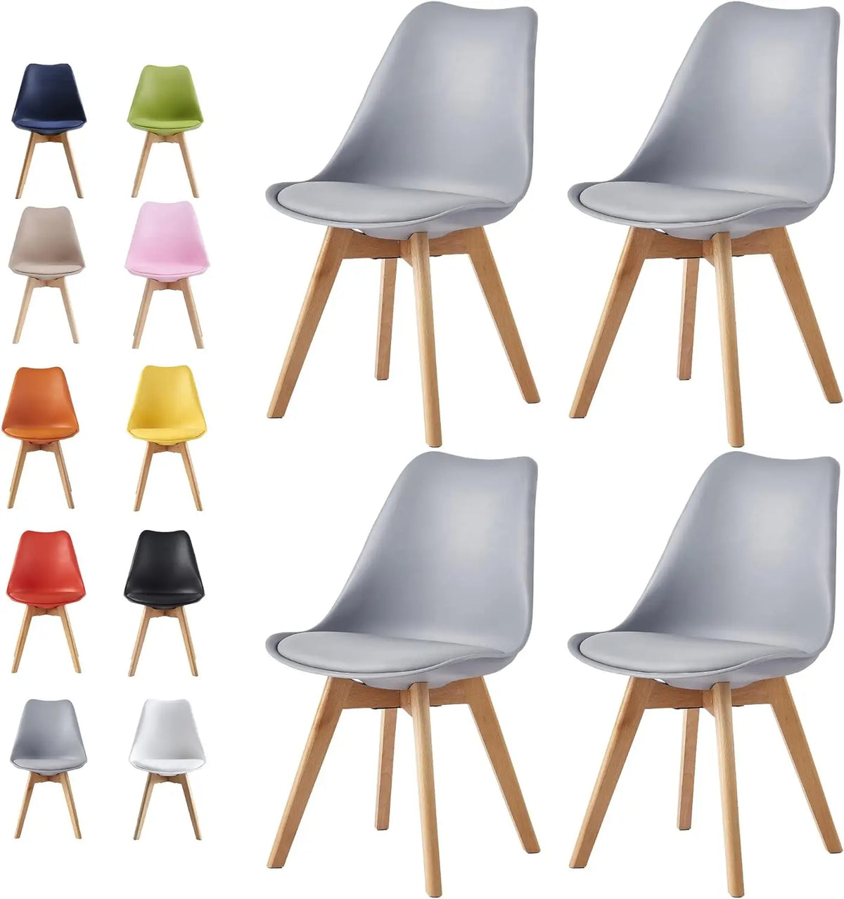 Set of 4 dining chairs with silver-gray molded seats and natural wood legs