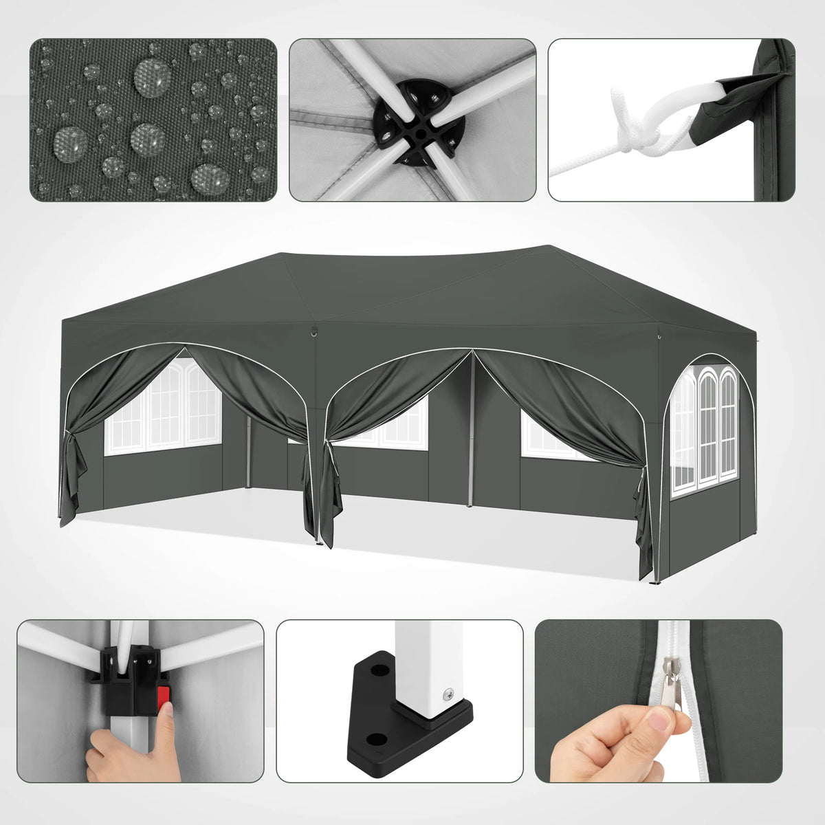 WOLTU folding pavilion gazebo with sidewalls, dark gray canopy and arched window panels