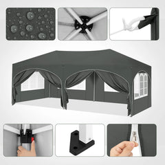 WOLTU folding pavilion gazebo with sidewalls, dark gray canopy and arched window panels
