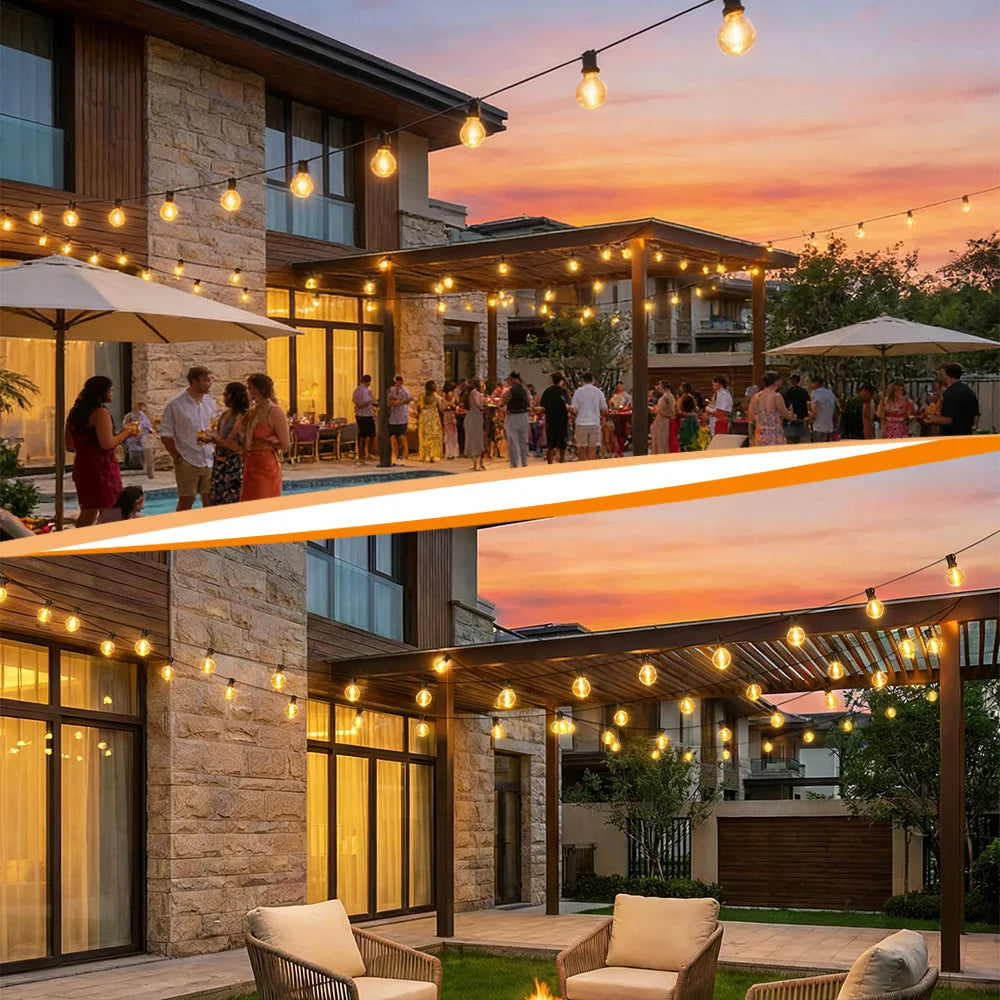 Outdoor patio string lights with warm globe bulbs along building eaves.