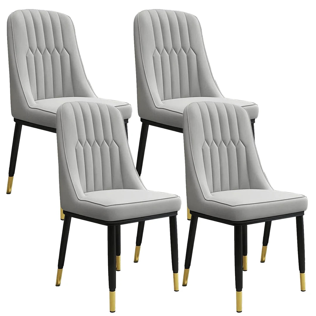 Set of 4 dining chairs, light gray padded PU leather, tufted back, black frame, gold legs