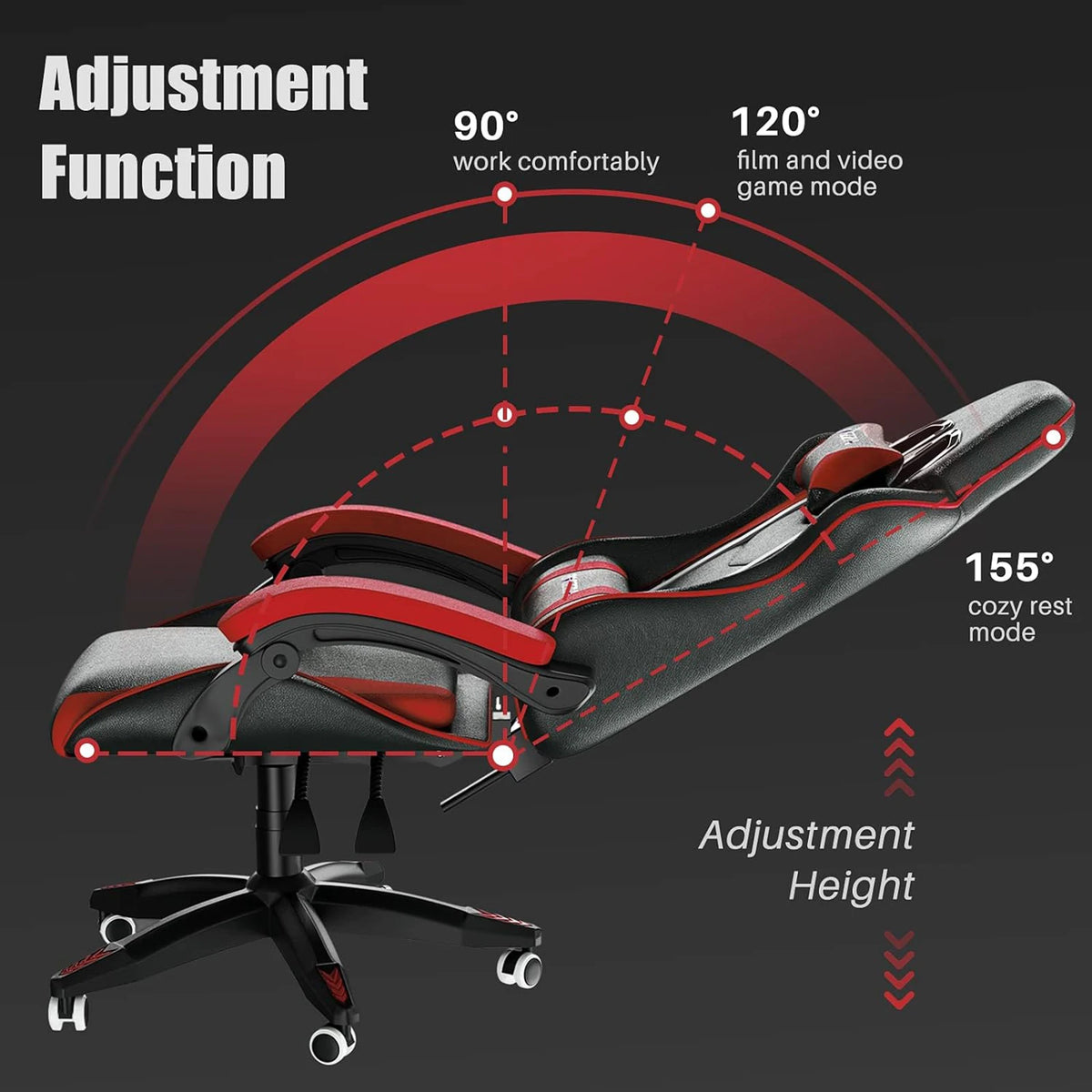 Gaming chair showing recline angles in black with red piping and adjustable height base