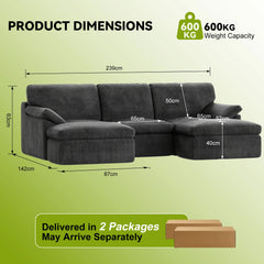 Dark gray convertible sofa bed with chaise extensions, front view with size outline