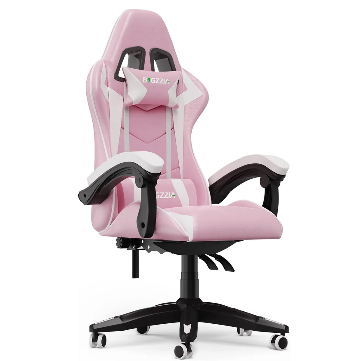Gaming chair in pink and white with cushioned armrests, reclining back, and caster base