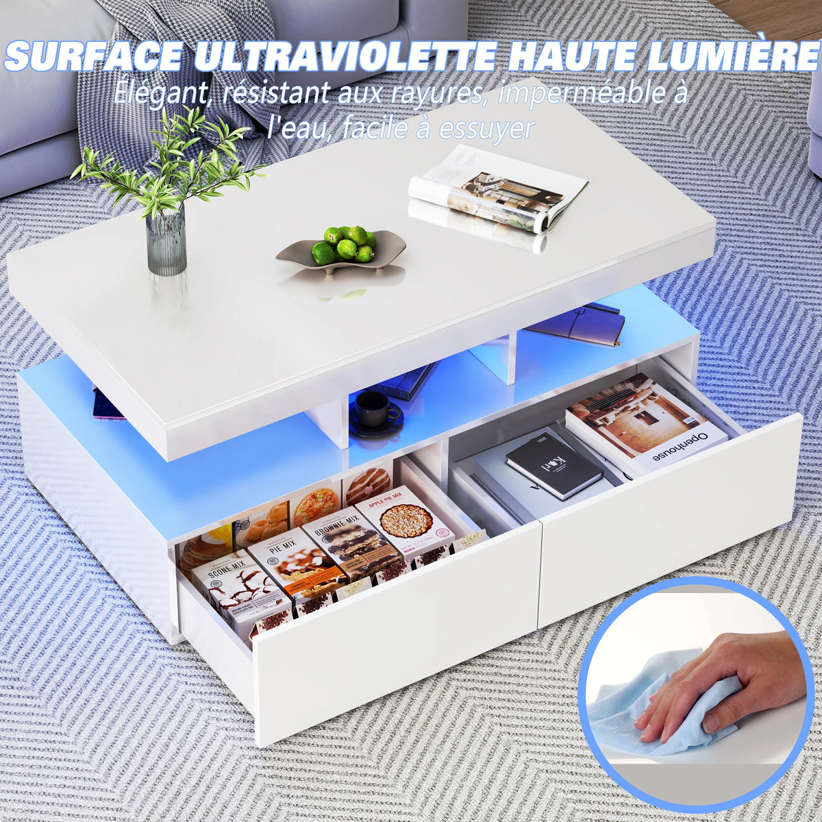 White coffee table with open shelf, two drawers, bright LED underlighting