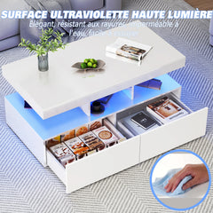 White coffee table with open shelf, two drawers, bright LED underlighting
