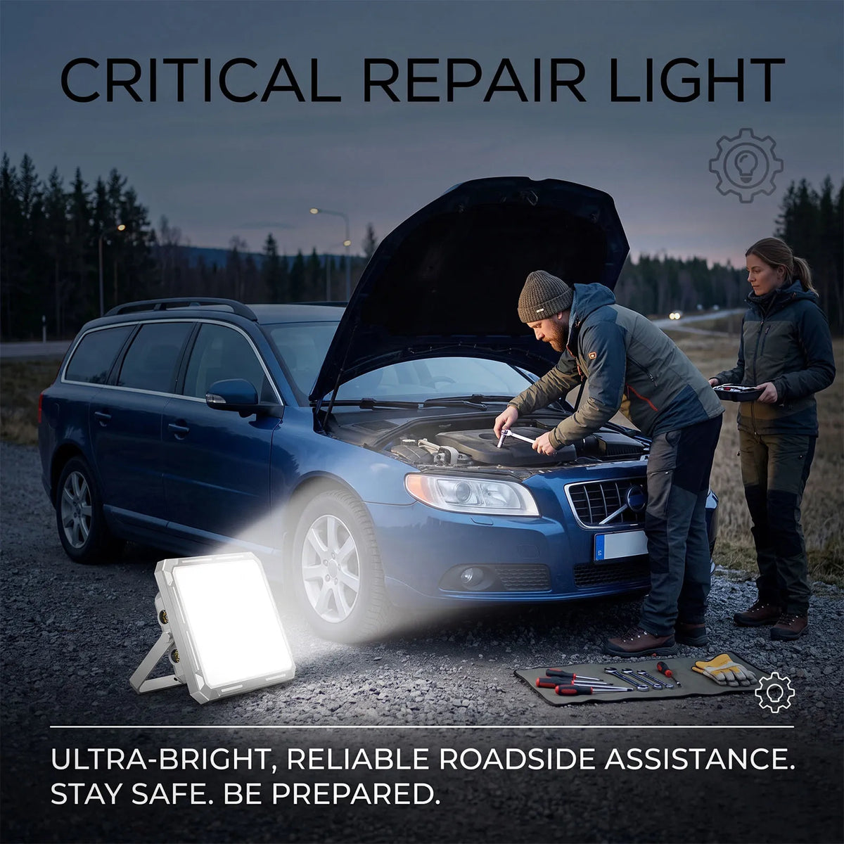 Portable LED work light shining near a car with a yellow stand and black handle
