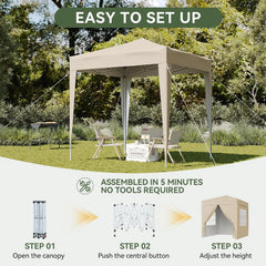 Beige pop-up gazebo canopy with tall frame poles and quick-setup assembly