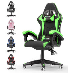 Gaming chair with black upholstery and neon green accents, recline back, and five casters