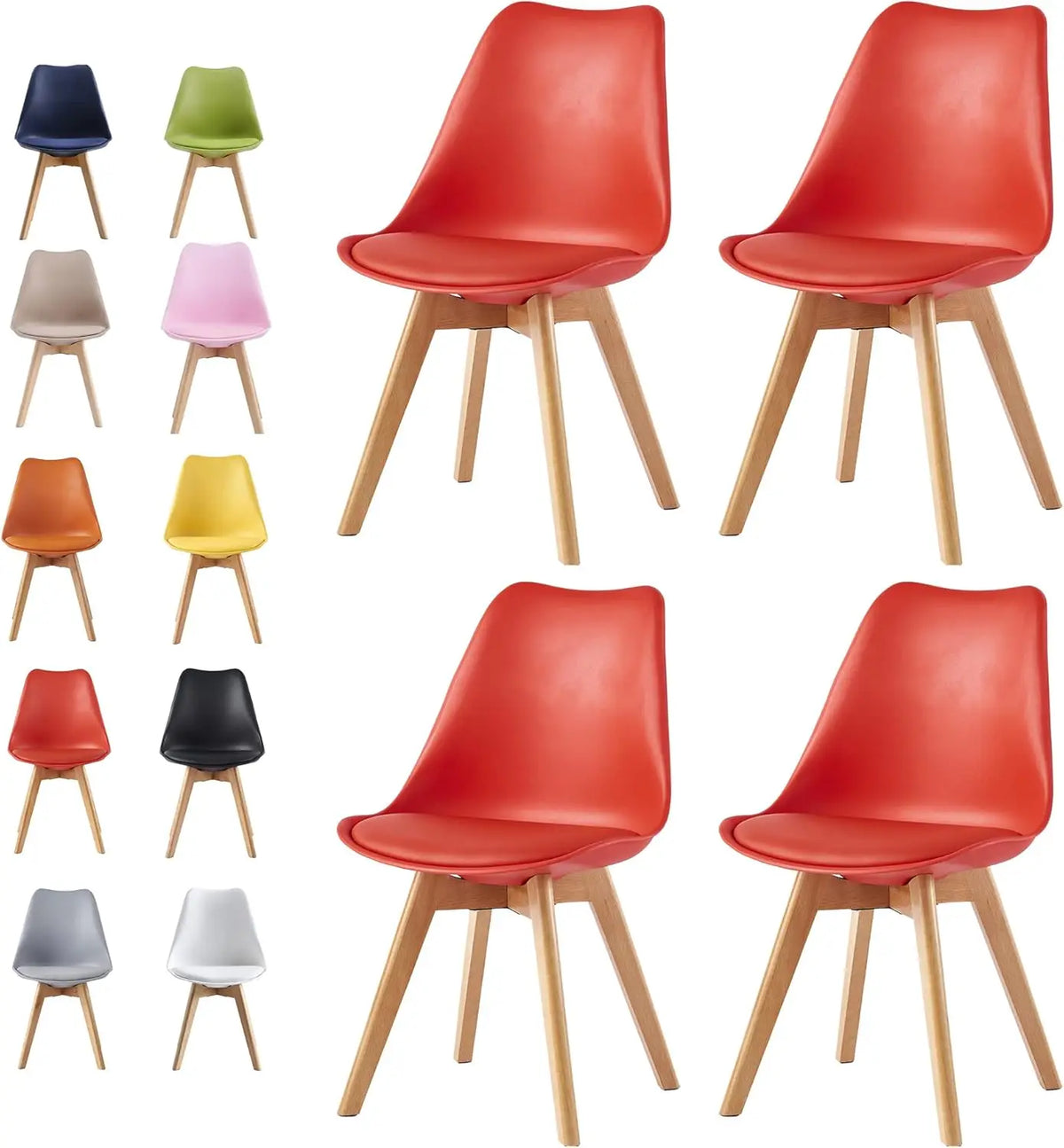 Set of 4 dining chairs with red molded seats and natural wood legs