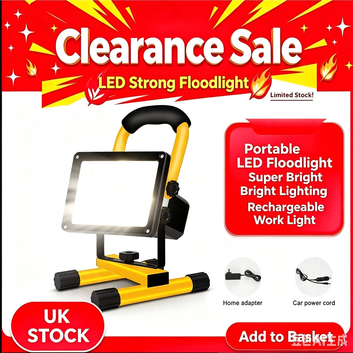 Portable LED flood light work lamp with yellow base and black handle, promotional pack shot