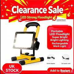 Portable LED flood light work lamp with yellow base and black handle, promotional pack shot