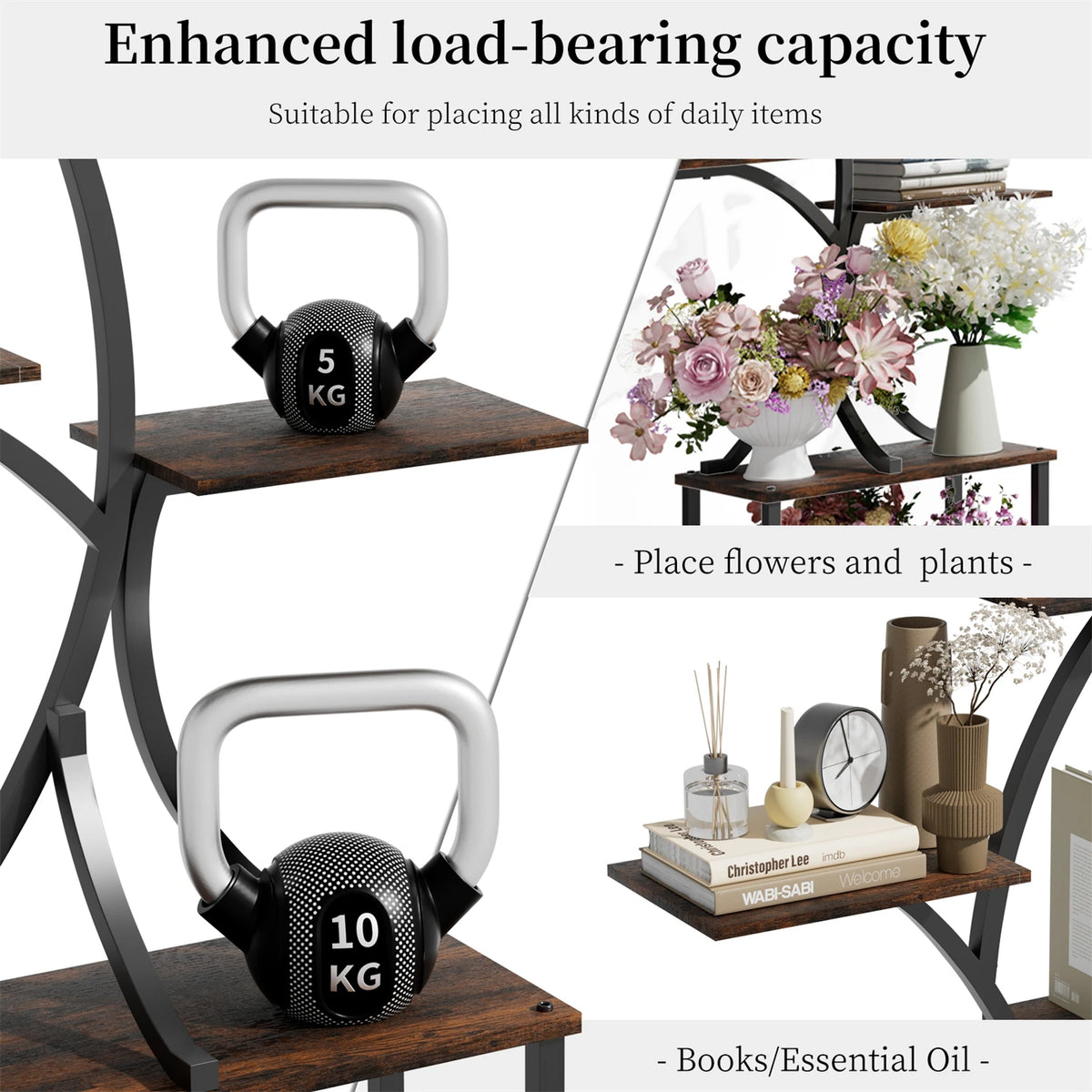 Tree-shaped metal 7-tier plant stand with strong frame, shown with 5 kg and 10 kg