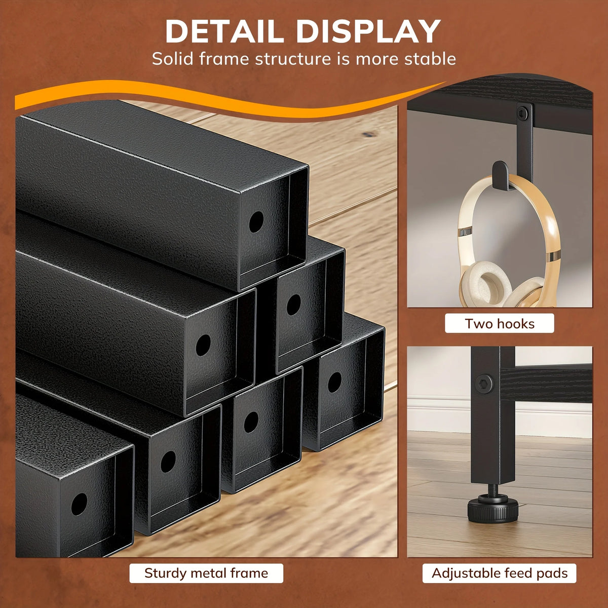 Compact computer desk detail: sturdy metal frame, adjustable feet, and two hooks