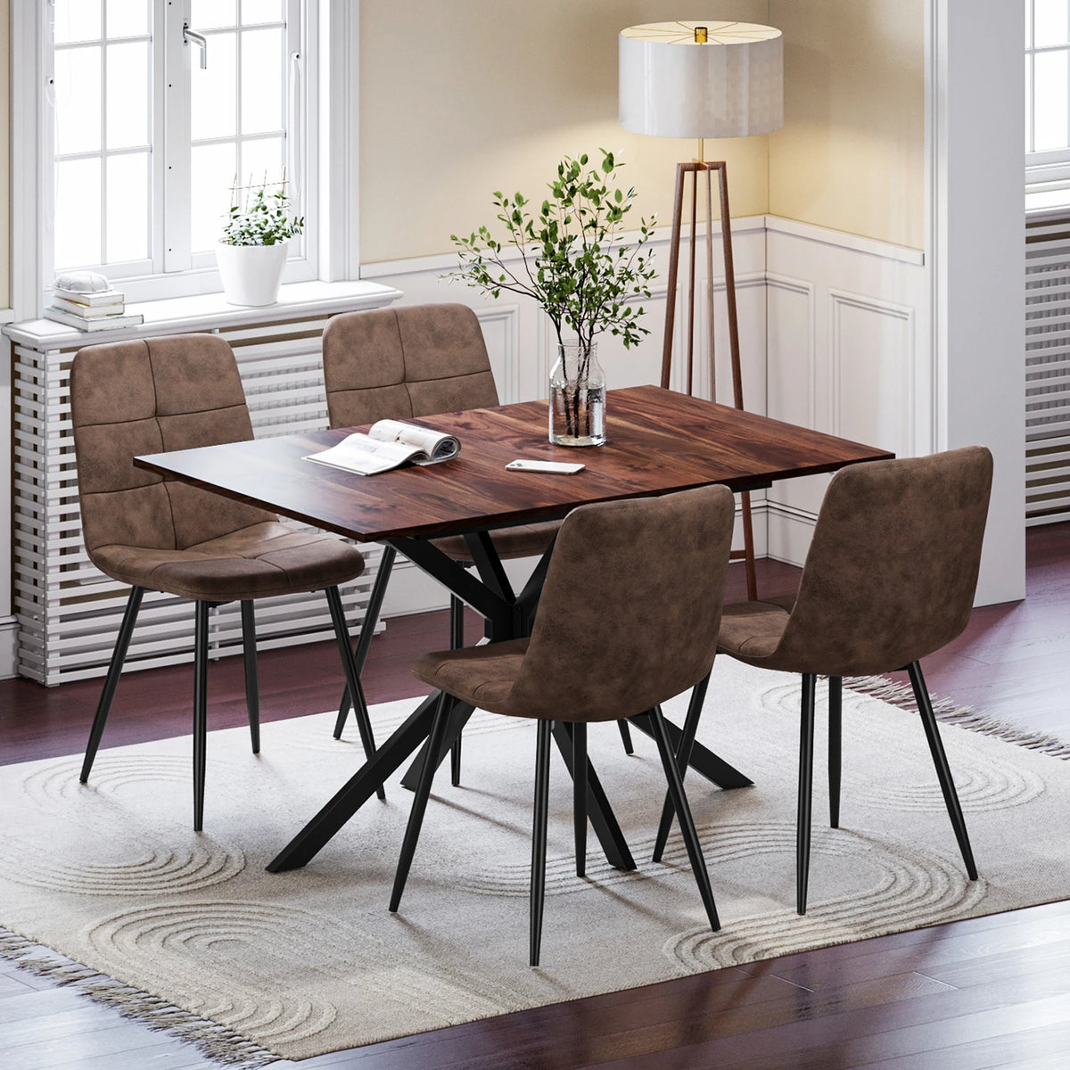 Rectangular dining table with 4 upholstered chairs, brown fabric seats and black metal legs