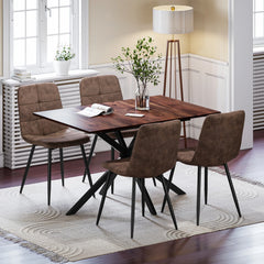 Rectangular dining table with 4 upholstered chairs, brown fabric seats and black metal legs
