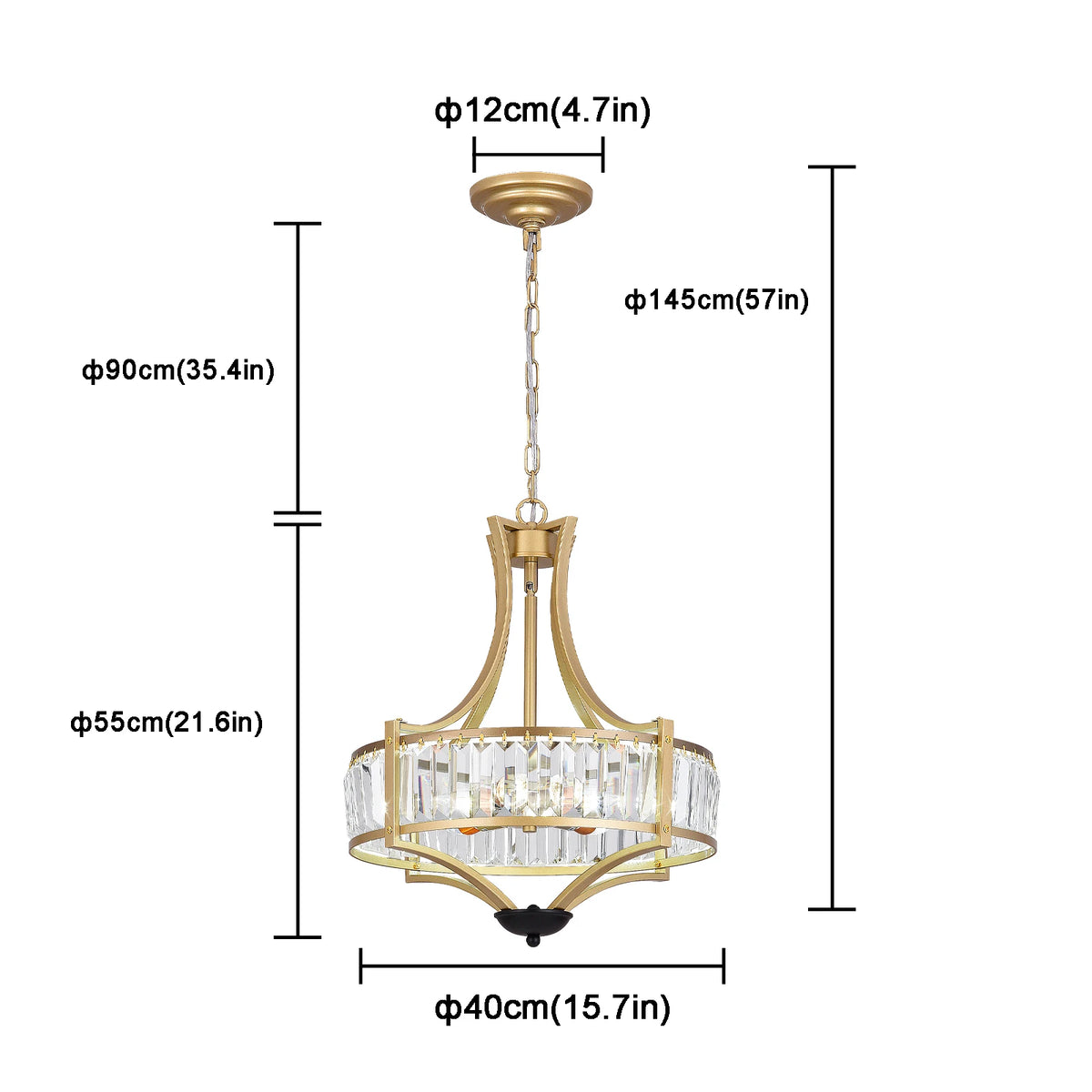 Crystal pendant ceiling lamp dimension diagram with chain-hung glass drum size labels