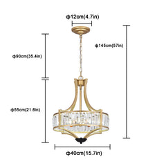 Crystal pendant ceiling lamp dimension diagram with chain-hung glass drum size labels