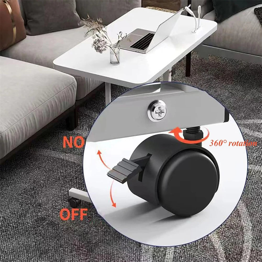 White standing desk with black caster wheels and 360-degree rotation knob