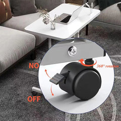 White standing desk with black caster wheels and 360-degree rotation knob