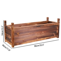 Long wooden raised planter bed with slatted panels, corner posts, and open planting area