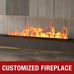 Black electric fireplace showing vivid orange flames along a long front panel