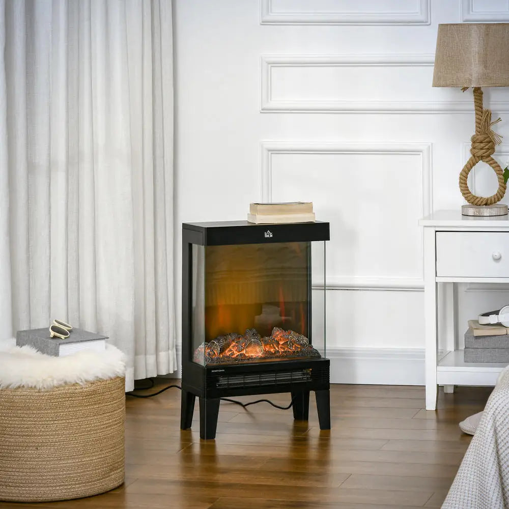 Black freestanding electric fireplace heater with 3-sided glass and LED flame