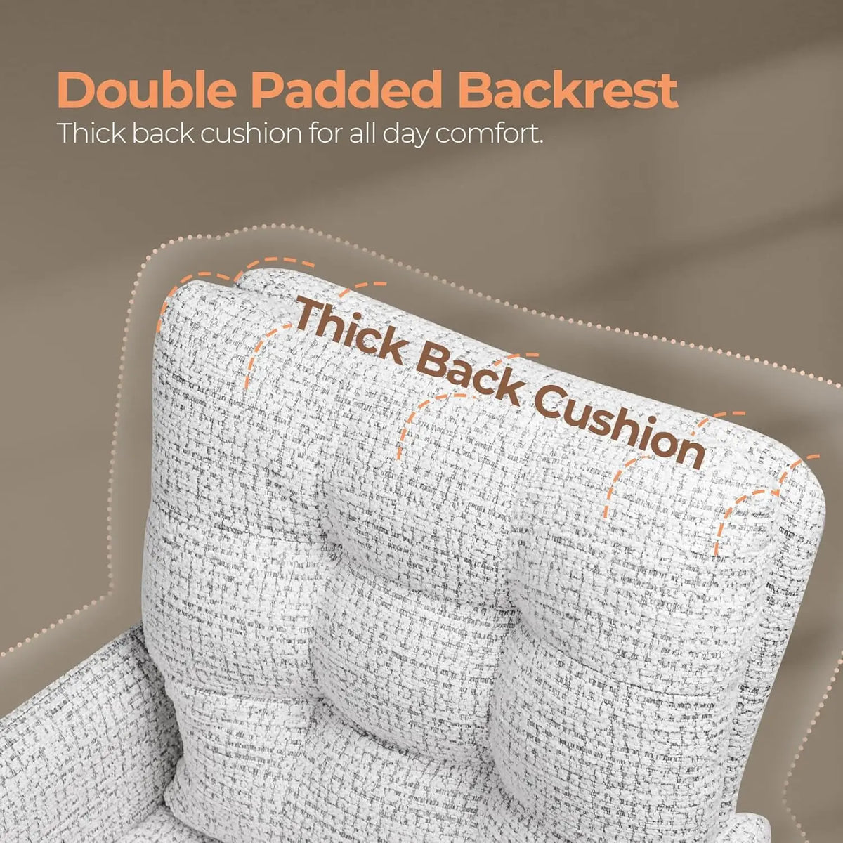 Thick back cushion on white boucle tub swivel accent chair, close-up detail