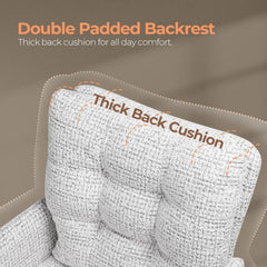 Thick back cushion on white boucle tub swivel accent chair, close-up detail